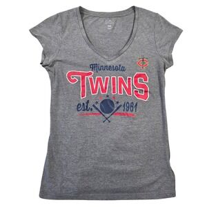 Minnesota Twins MLB Gray V-Neck Graphic T-Shirt Womens Large Campus Lifestyle